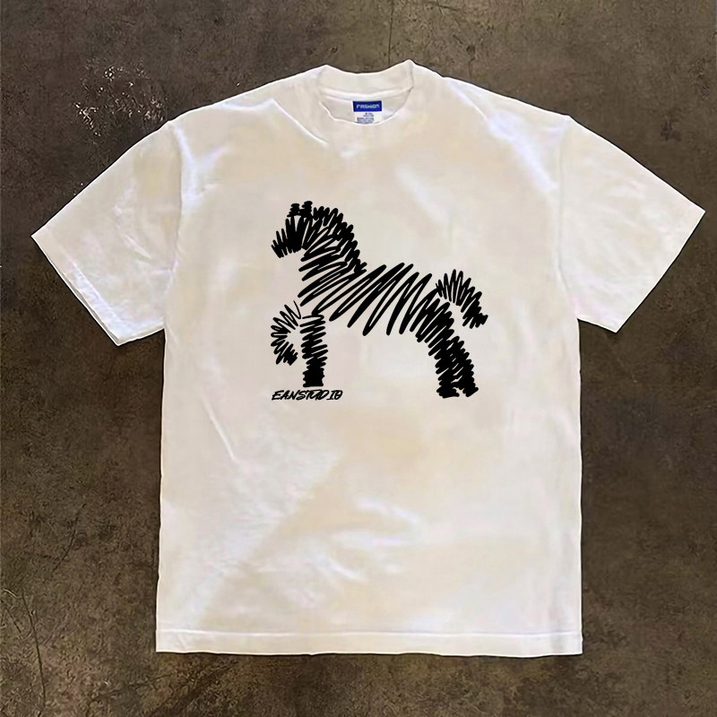 国潮中国风线条抽象马印花短袖T恤户外潮牌重磅小领口280克半袖男