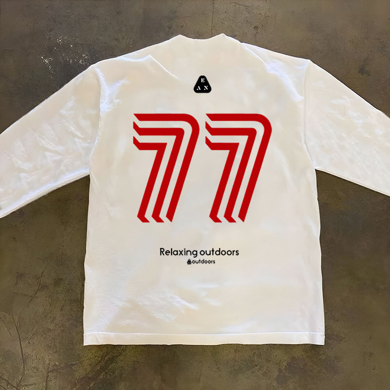 重磅小领口美式复古数字77印花长袖T恤男潮牌户外运动训练打底衫