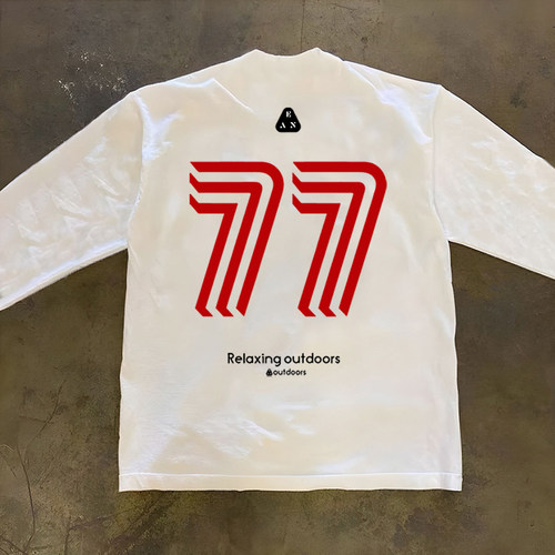 重磅小领口美式复古数字77印花长袖T恤男潮牌户外运动训练打底衫