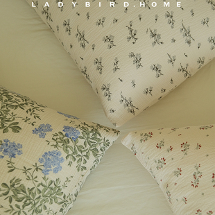 ladybird home北欧插画纯棉皱皱纱枕套法式复古碎花双层纱枕芯套