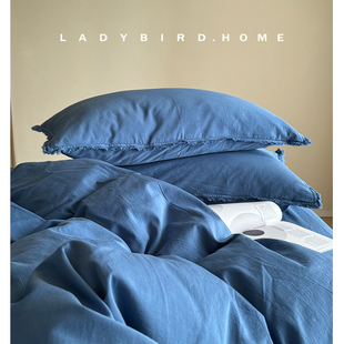 超软牛仔蓝80支水洗新疆长绒棉床上四件套小众蓝色纯色床单