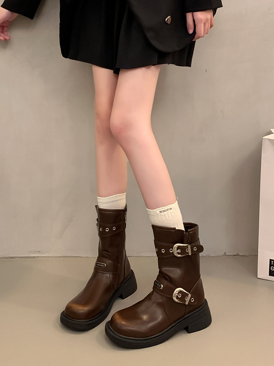 여성을위한 마이 야르 브라운 복고풍 두꺼운 뒤꿈치 마틴 부츠 2024 새로운 가을 겨울 서부 카우보이 부츠 중반 송아지 짧은 부츠