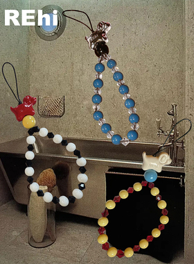 REhi 小狗踩球手机链 原创链条圆珠仿水晶串珠链便携挂绳手机挂件