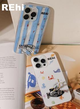 REhi 潜水摸鱼手机壳 原创夏日透明imd壳 趣味鱼金属支架iPhone15 ProMax