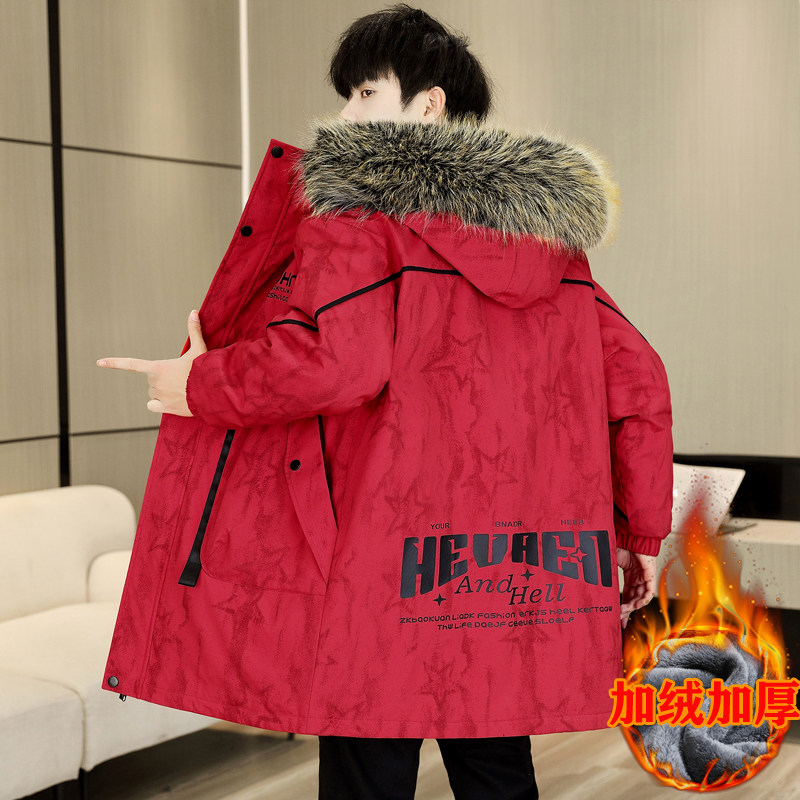 青少年加绒加厚中长款外套男秋冬季新款潮流宽松棉服保暖休闲夹克