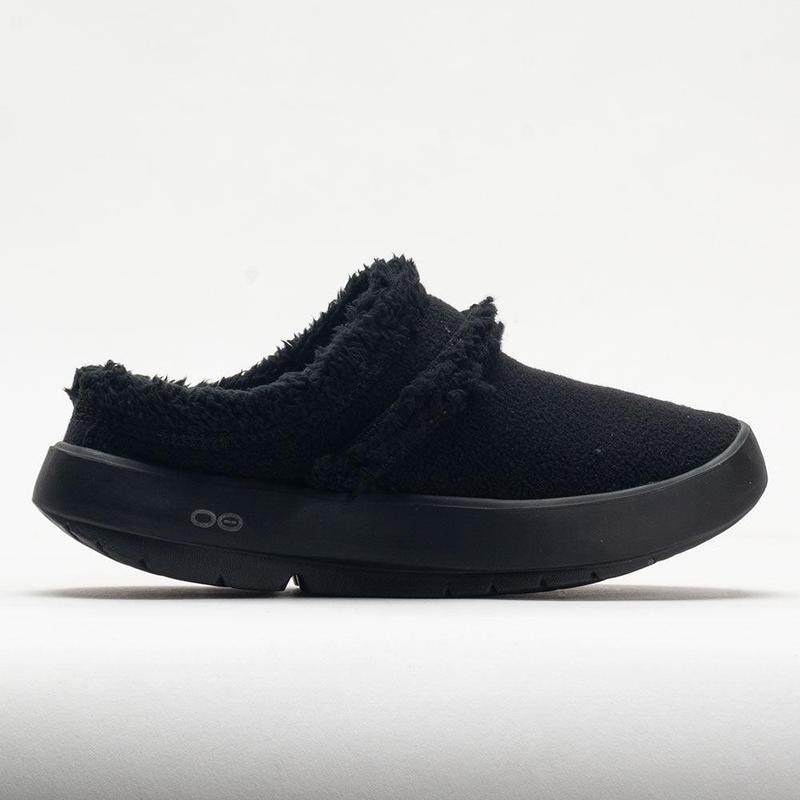 代购Oofos女士拖鞋缓震支撑足弓减压防滑黑色绒面材质轻便可机洗