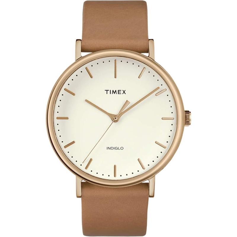 Timex/天美时简约玫瑰金表盘皮质表带女表轻奢百搭腕表