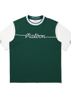 代购MALBON GOLF男士运动T恤透气吸湿舒适耐用绿色拼接设计圆领