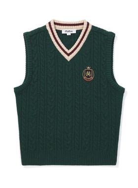代购MALBON GOLF女士针织马甲保暖百搭简约设计徽章装饰绿色