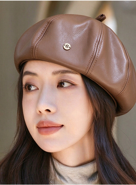 咖色PU皮贝雷帽女秋冬季百搭帽子显脸小八角帽复古英伦画家帽气质