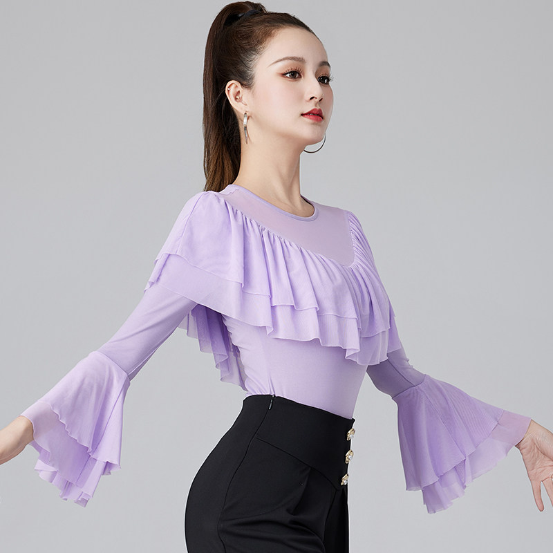 拉丁舞服装女上衣网纱中袖荷叶