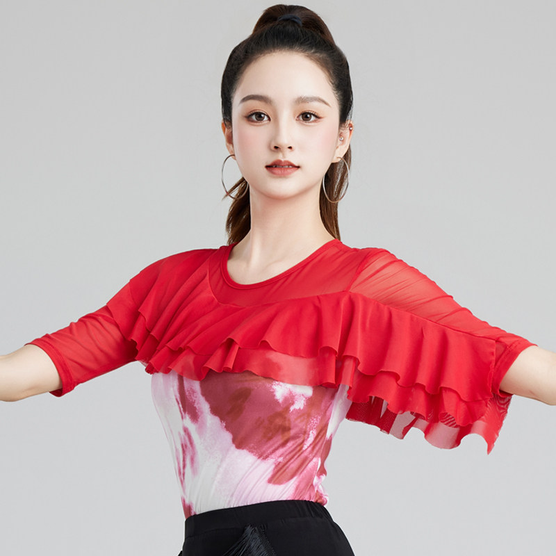 舞星摩登舞服装网纱中袖女上衣