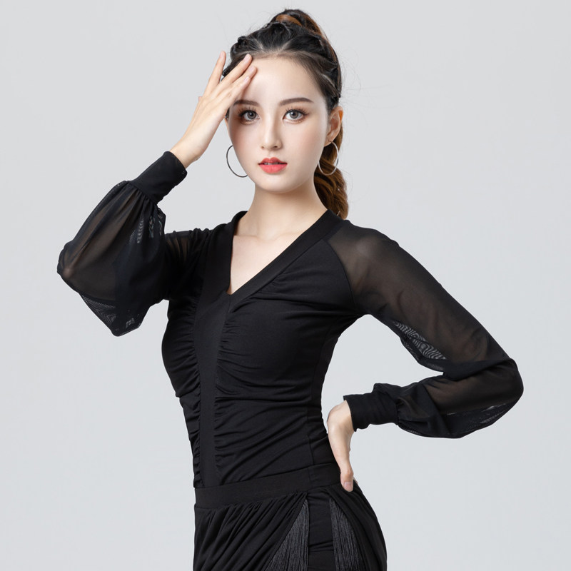 拉丁舞服装长袖缩折连体灯笼袖