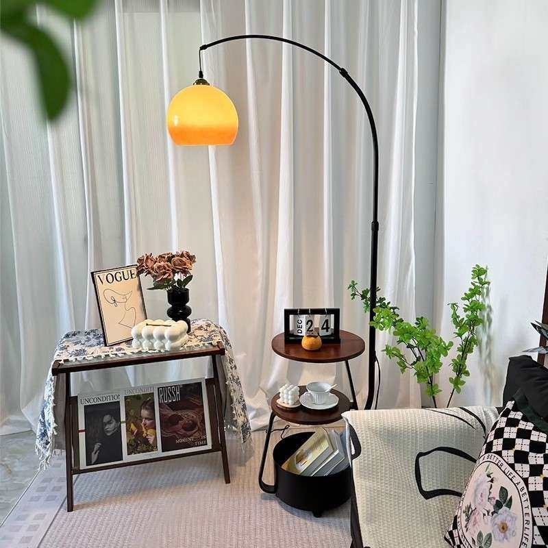 中古风客厅落地灯沙发旁置物架摆件复古书房主卧室床头柜一体台灯