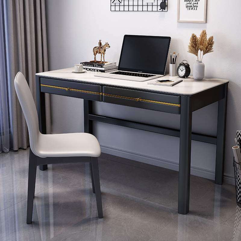 轻奢岩板书桌新中式办公桌简约现代电脑桌家用卧室实木学习写字桌