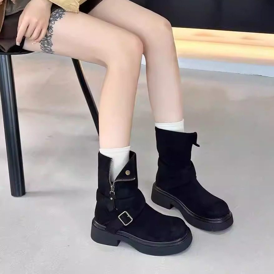 2025冬季新款复古风黑色加绒马丁靴女皮带扣机车靴短靴,女鞋,马丁靴,淘宝优惠券,粉丝福利购,淘宝优惠卷