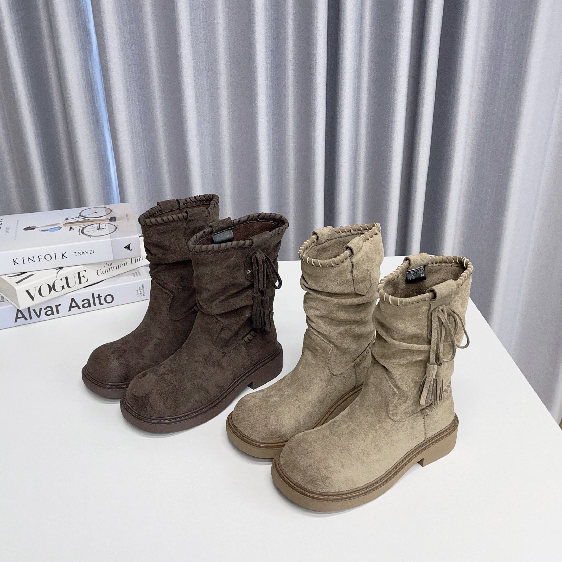 秋冬棕色流苏靴子中筒靴