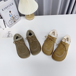 保暖系带软底百搭雪地靴棉鞋 真皮加绒大棉勃肯鞋 女2025冬季