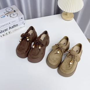 复古风厚底系带乐福鞋女绒面串珠装饰百搭休闲单鞋
