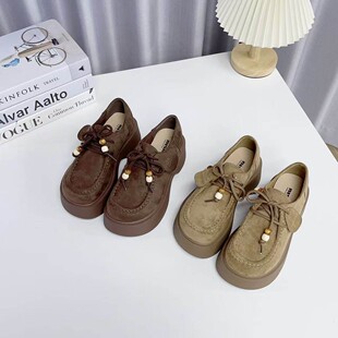 秋冬厚底系带乐福鞋女绒面串珠装饰百搭休闲单鞋