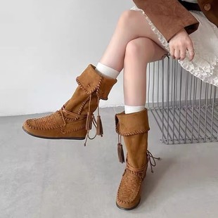 米诗思!复古流苏绑带西部靴内增高显瘦靴筒可翻折堆堆靴