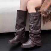 复古皮带扣堆堆靴女秋冬长筒骑士靴显瘦裤 管靴美拉德风