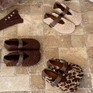 毛毛鞋 女秋冬平底一字扣百搭豆豆鞋 羊毛卷加绒玛丽珍鞋 韩版