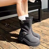 厚底马丁靴女2025新款 百搭真皮皮带扣机车靴中筒工装 靴