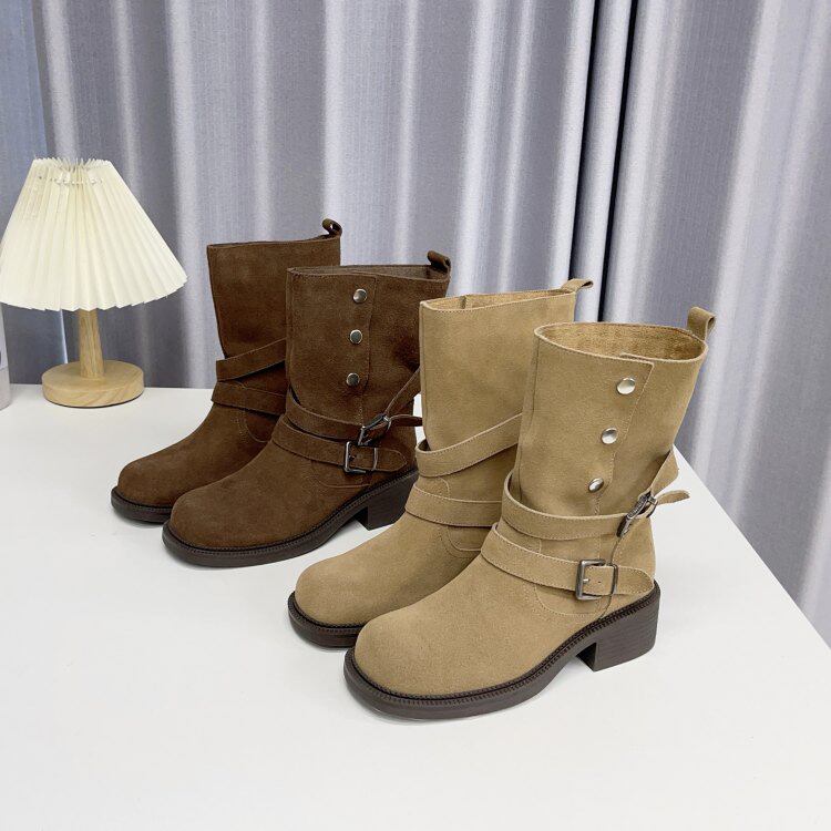 真皮女靴粗跟皮带扣机车靴磨砂皮中筒靴骑士靴百搭靴子