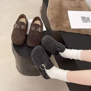 毛呢加绒勃肯鞋 女2025秋冬内增高皮带扣两穿百搭懒人鞋