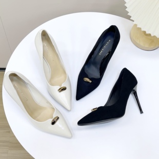 米诗思法式尖头浅口单鞋女金属装饰细跟高跟鞋气质百搭通勤女鞋