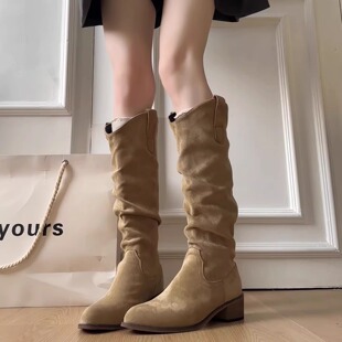 时装显瘦绒面高筒靴女褶皱堆堆靴粗跟西部牛仔靴长靴