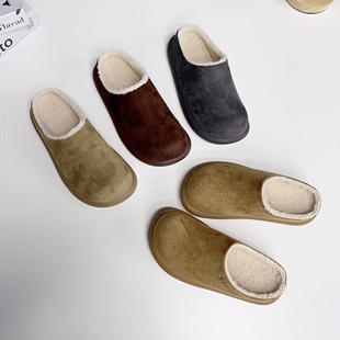 复古一脚蹬羊羔绒棉拖鞋 穆勒鞋 女包头半拖鞋 秋冬加绒勃肯鞋