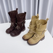 英伦风皮带扣机车靴女厚底中筒马丁靴复古骑士靴时装 靴