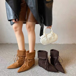 2025新款粗跟尖头西部靴复古流苏中筒靴百搭磨砂绒面靴子女