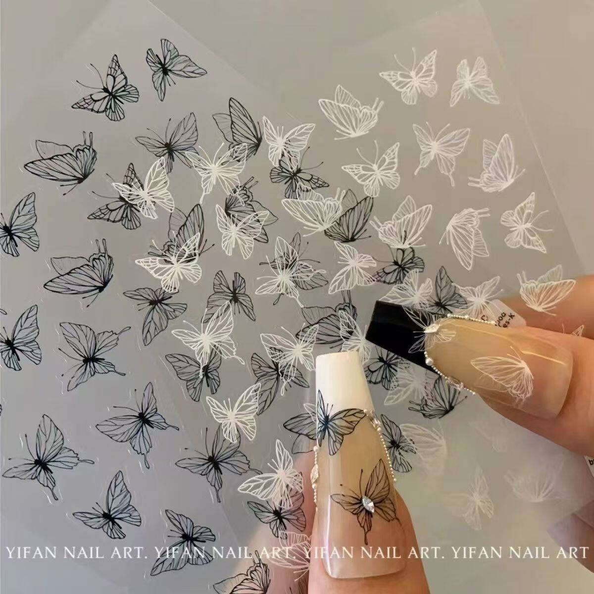 美甲手绘液态蝴蝶贴纸银色暗黑防水ins镂空黑白美甲贴