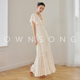OWNSONG法式小众设计立体花朵棉V领连衣裙露背系带小飞袖收腰长裙