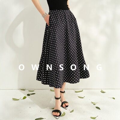 OWNSONG经典优雅 经典复古大摆A字波点半身裙高腰宽松中长裙春秋