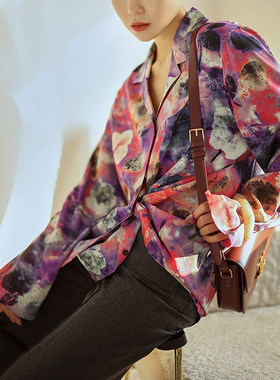 OWNSONG j瑟夫 明媚泼墨印花 古巴领25姆米重磅真丝花衬衫女春夏