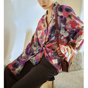 OWNSONG j瑟夫 明媚泼墨印花 古巴领25姆米重磅真丝花衬衫女春夏