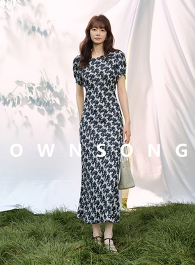 OWNSONG水亭花上 复古撞色印花连衣裙女夏长款修身气质优雅长裙子