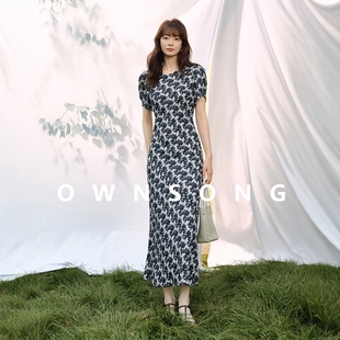 OWNSONG水亭花上 复古撞色印花连衣裙女夏长款修身气质优雅长裙子
