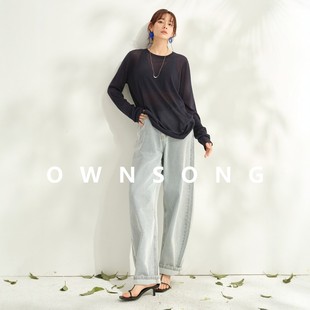 OWNSONG超超薄 复古浅蓝色水洗牛仔裤女高腰宽松显瘦直筒长裤夏