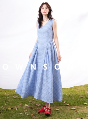OWNSONG清新海洋 水洗100亚麻蓝色格子无袖连衣裙度假A字收腰长裙