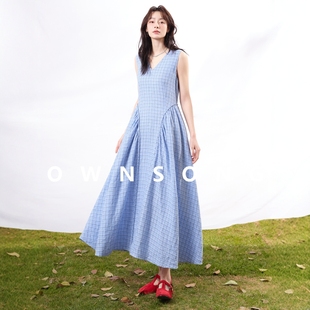 OWNSONG清新海洋 水洗100亚麻蓝色格子无袖连衣裙度假A字收腰长裙