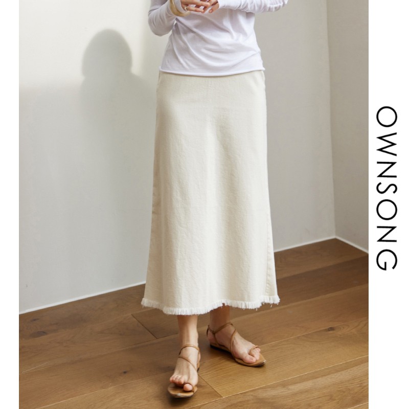 OWNSONG意大利软牛仔！休闲白色中长A字修身中长半身裙薄款夏