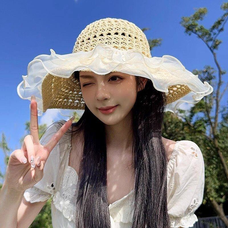 帽子女款2026新款蕾丝草编太阳帽夏季沙滩度假大帽檐透气防晒草帽