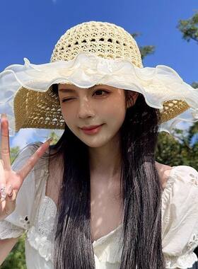 帽子女款2026新款蕾丝草编太阳帽夏季沙滩度假大帽檐透气防晒草帽