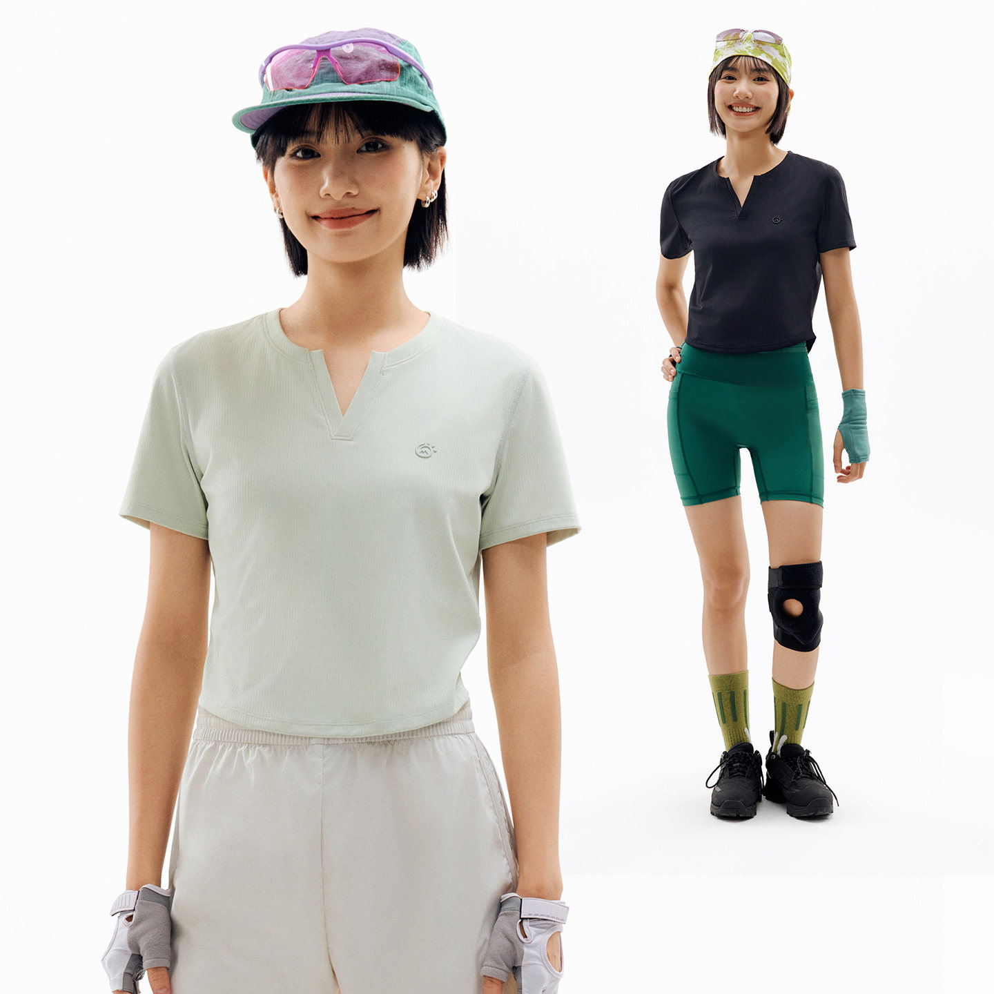 探拓户外V领短袖T恤女夏季凉感透气抗菌防晒短款徒步运动跑步上衣