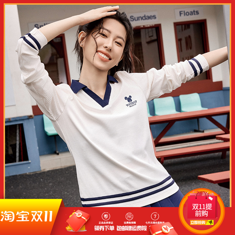 361度女装运动长袖T恤2025秋季新款学院风棉质翻领套头衫卫衣潮女